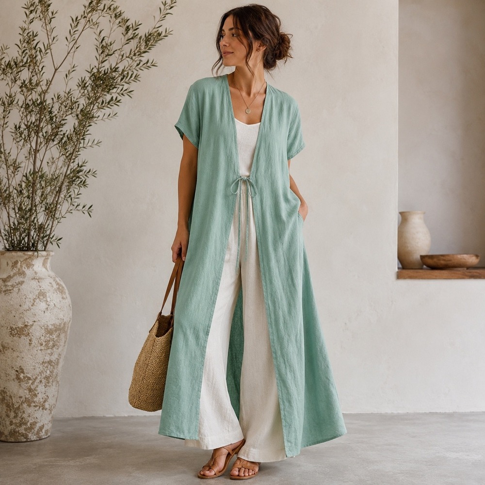 Linen Handmade Studio Tie Front Kimono Duster Cardigan Womens L Maxi Sage Green